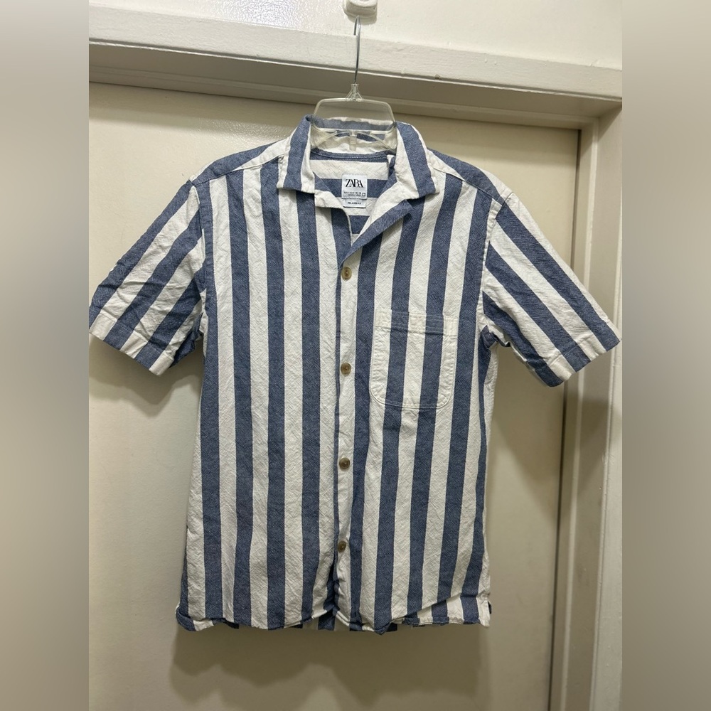 Zara Linen Cabana Shirt Mens Size Small Relaxed Fit Blue White Striped Beach $68